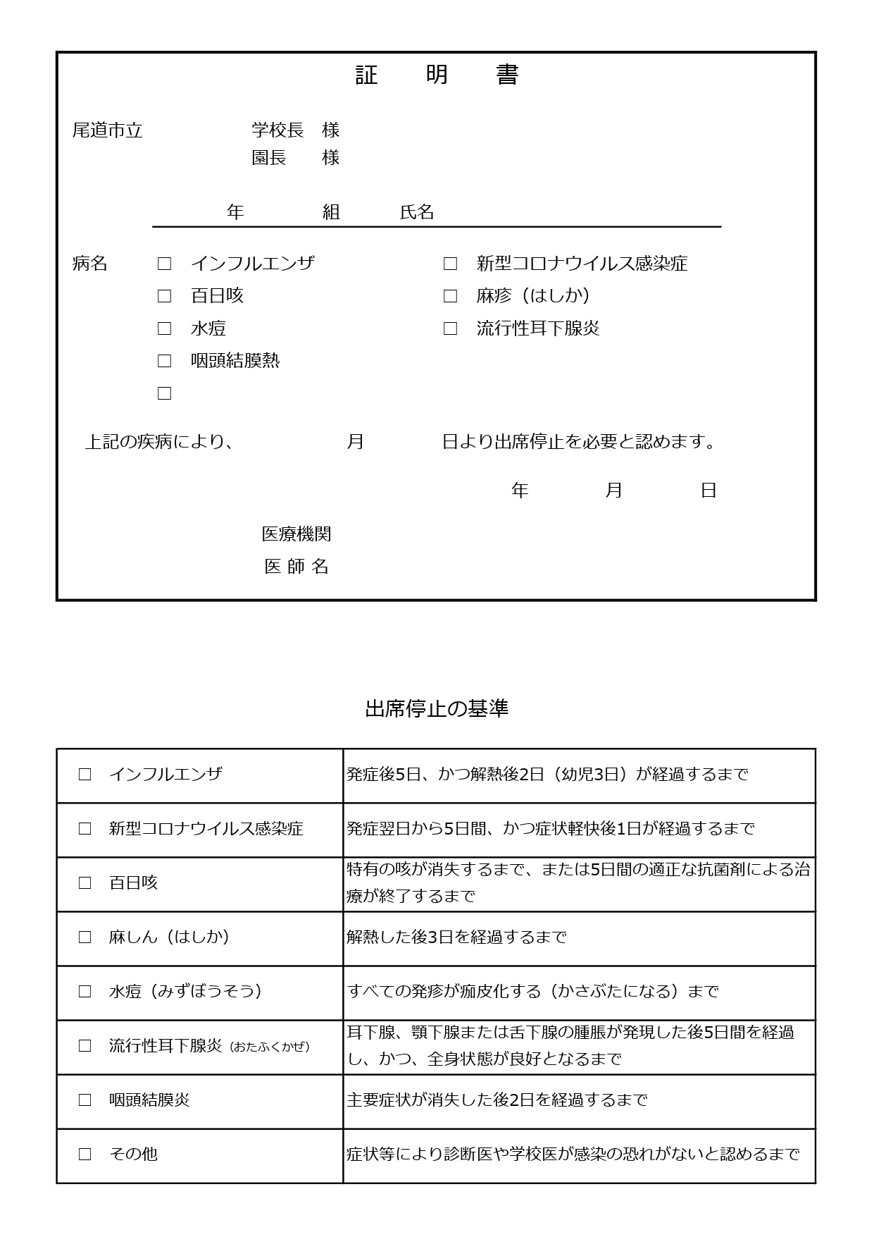 インフルエンザ 証明 書